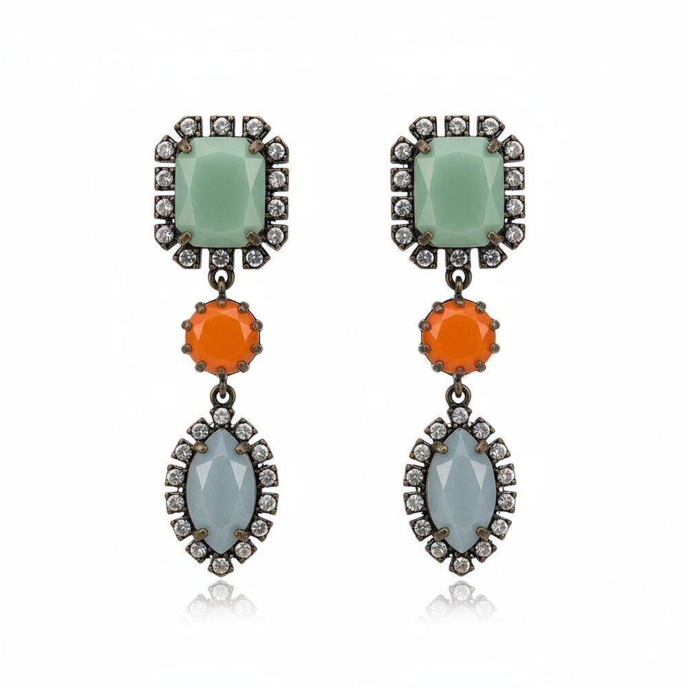J. Crew Stone Drop Dangle Earrings - Green, Orange & Gray Rhinestone